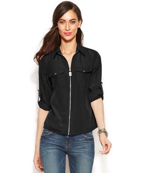 black michael michael kors melina zip detail top|macy's Michael Kors shirt.